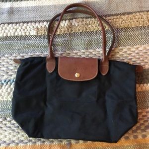 Black longchamp small tote le pliage with gold